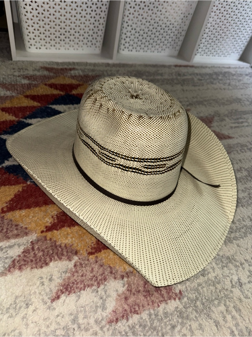 Ariat Cream Straw Hat with Brown Trim and Gold Logo